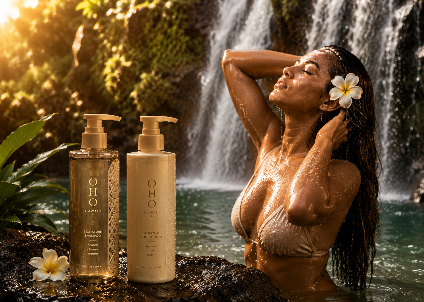 Woman bathing at a Hawaiian waterfall
