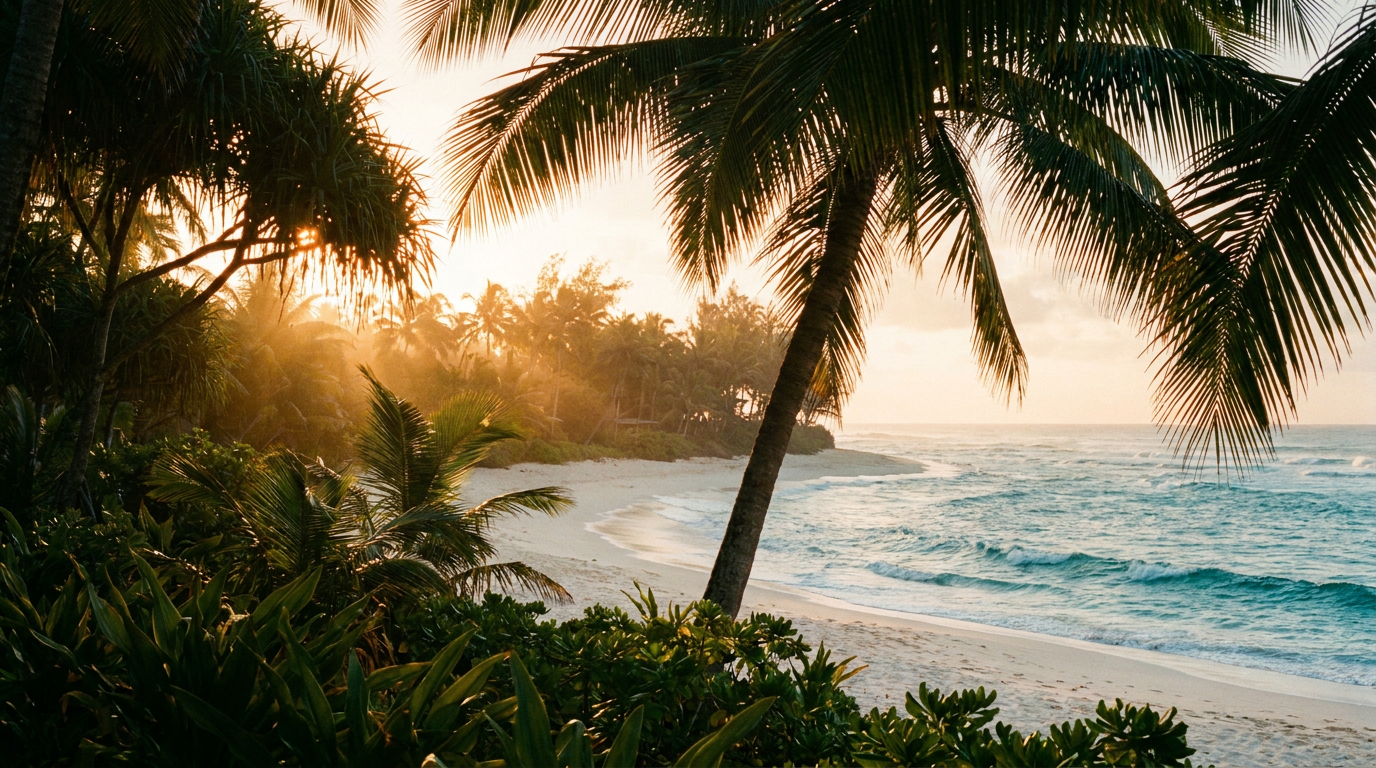 Palms and ocean at sunrise in Hawai'i